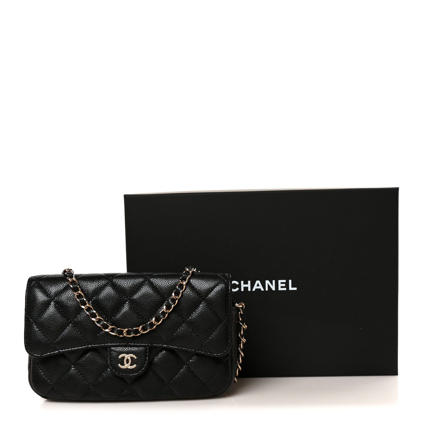 Caviar Quilted Flap Phone Holder With Chain Black Black