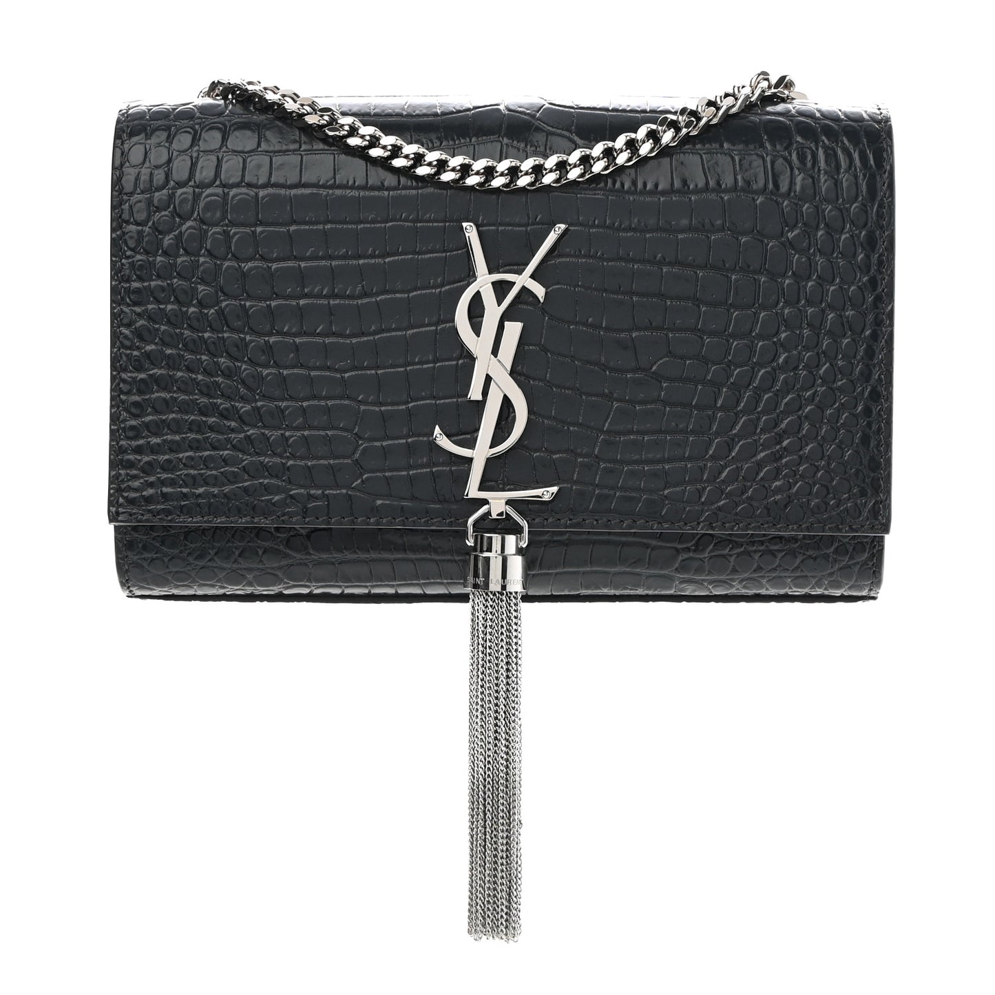 Calfskin Crocodile Embossed Small Classic Monogram Kate Tassel Satchel Smog
