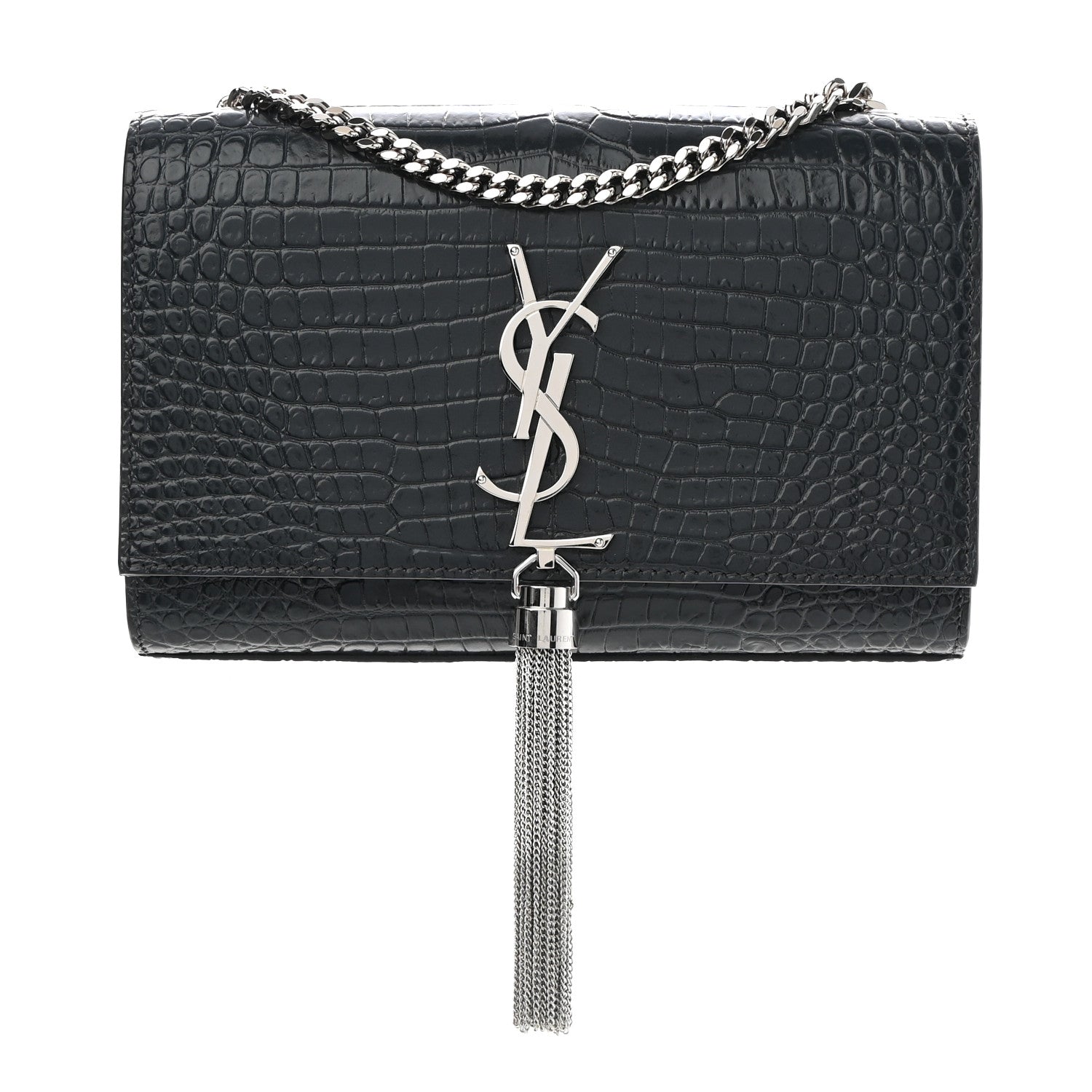 Saint Laurent Calfskin Crocodile Embossed Small Classic Monogram Kate Tassel Satchel Smog 1 of 9