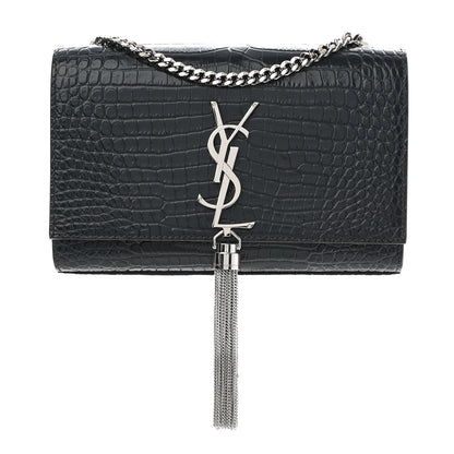 Saint Laurent Calfskin Crocodile Embossed Small Classic Monogram Kate Tassel Satchel Smog 1 of 9