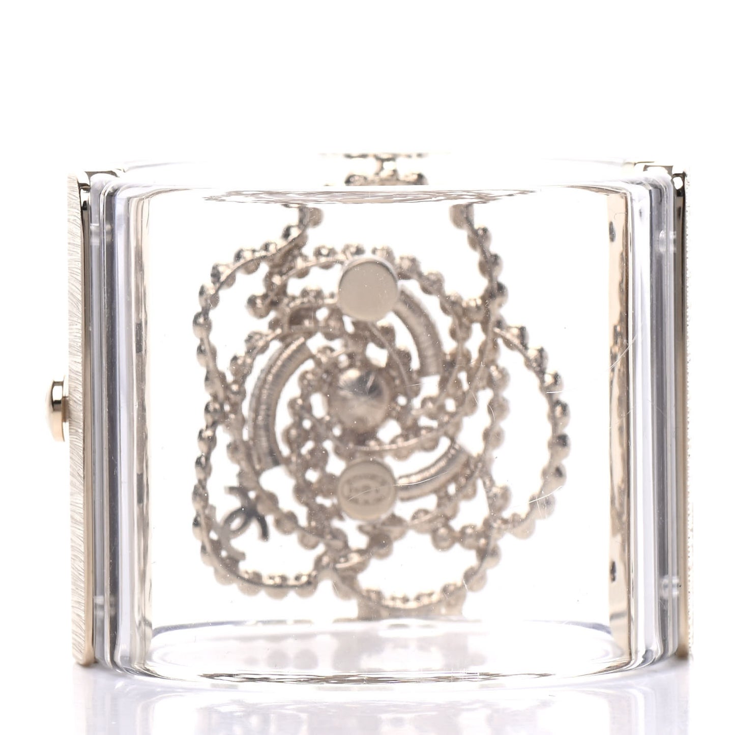 Lucite Pearl Crystal Lace Camellia CC Cuff Light Gold