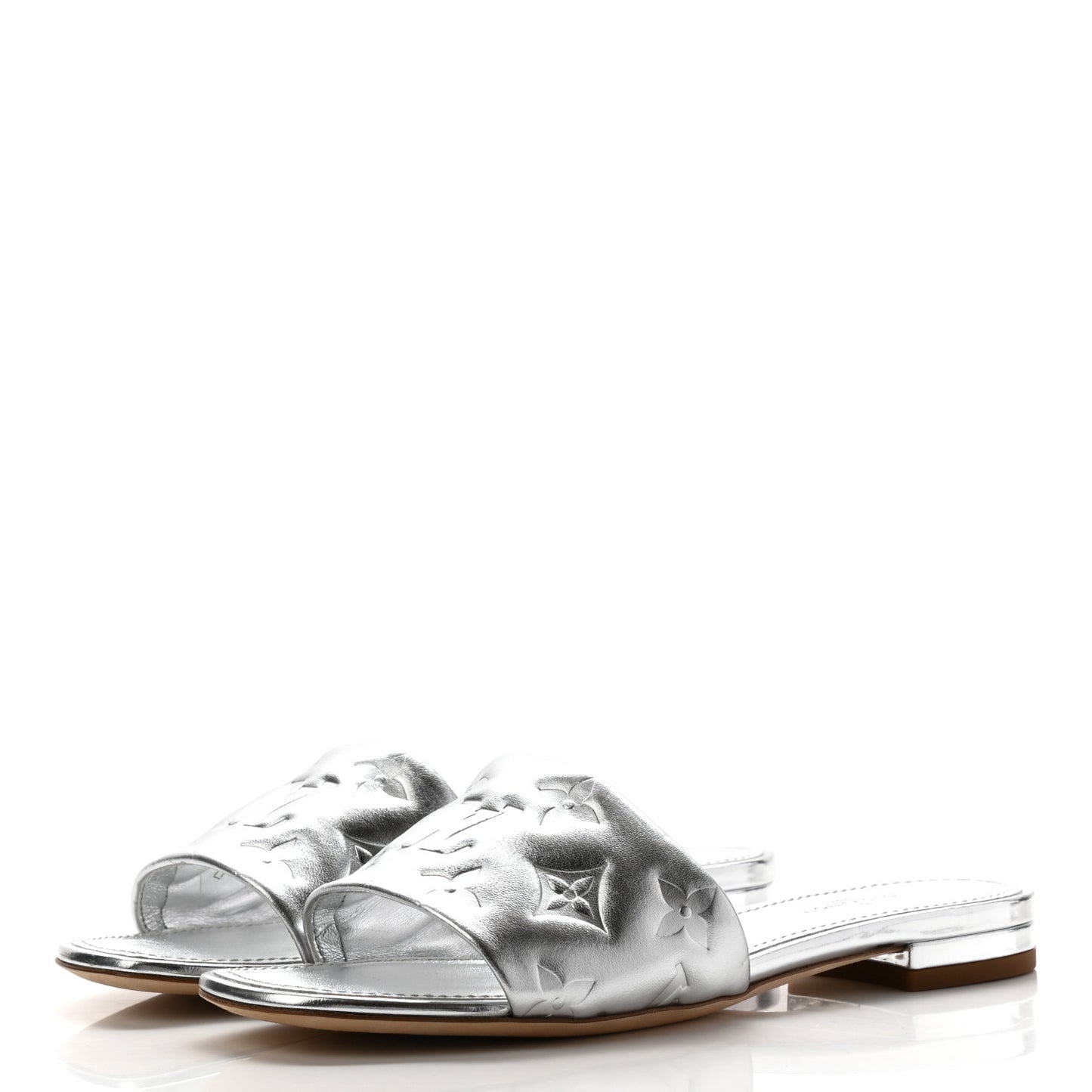 Metallic Lambskin Embossed Monogram Revival Flat Mules 35 Silver