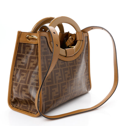 Fendi Glazed Fabric Vitello Century Plexiglass FF 1974 Stamp Patch Small Runaway Shopper Tote Mogano Panna Nocciola 3 of 10