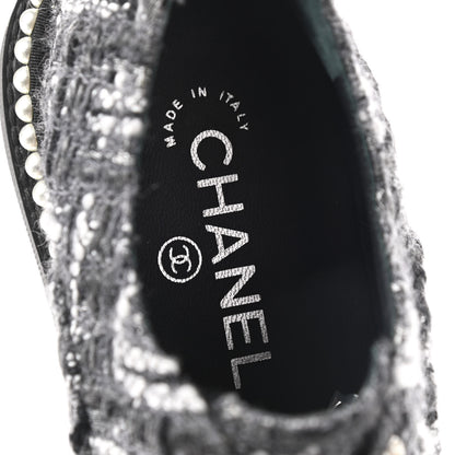 Chanel Tweed Grosgrain Pearl Lace Up Sneakers 37 Black 6 of 9