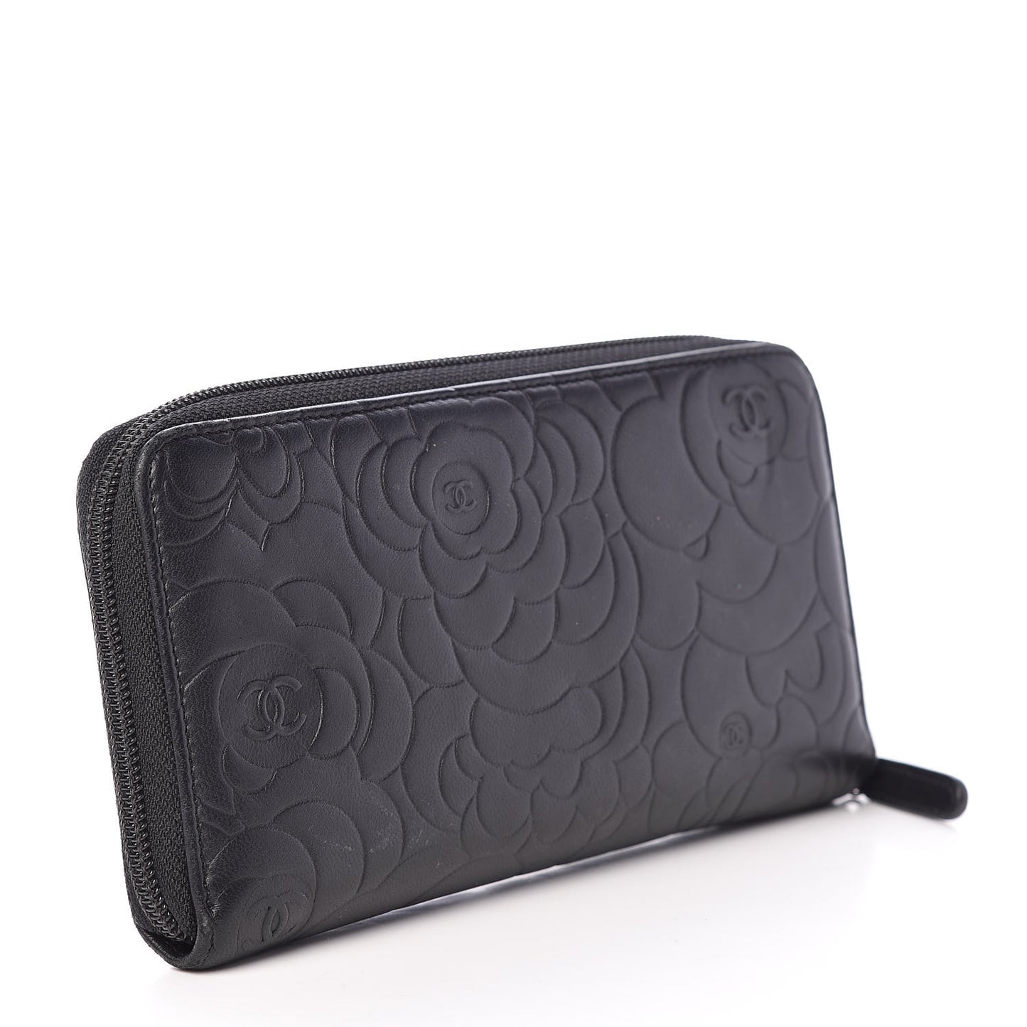 Lambskin Camellia Embossed Large Zip Around Gusset Wallet Black