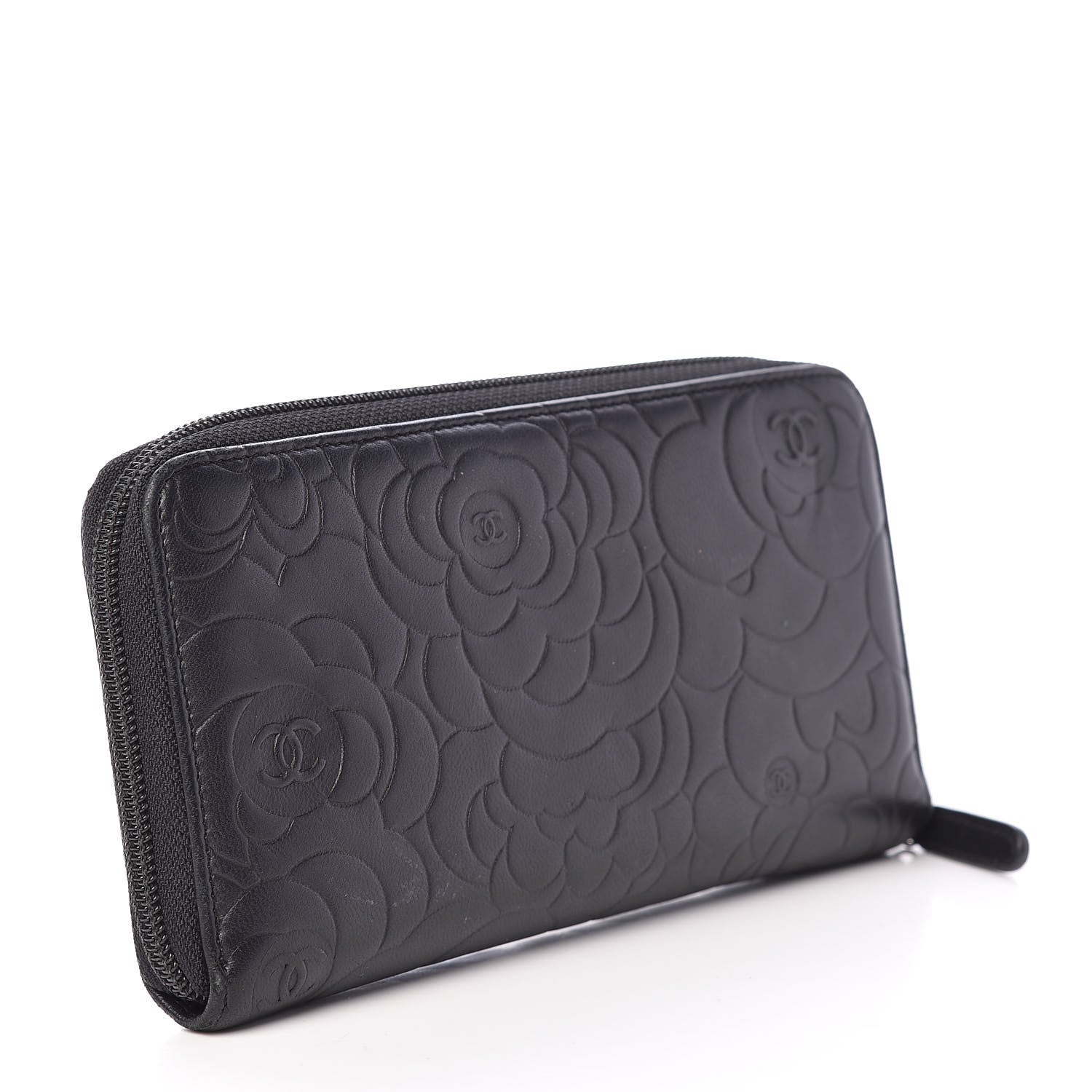 Chanel Lambskin Camellia Embossed Large Zip Around Gusset Wallet Black 3 of 13