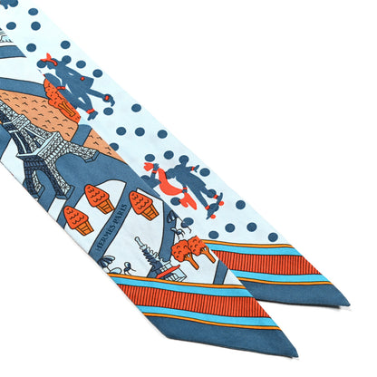 Hermes Silk Les Nouveaux Amoureux de Paris Twilly Ciel Blue Jean Orange 2 of 4