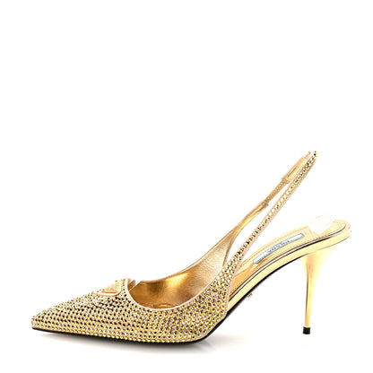 Prada Satin Crystal Triangle Logo 85mm Slingback Pumps 38.5 Platino 1 of 9