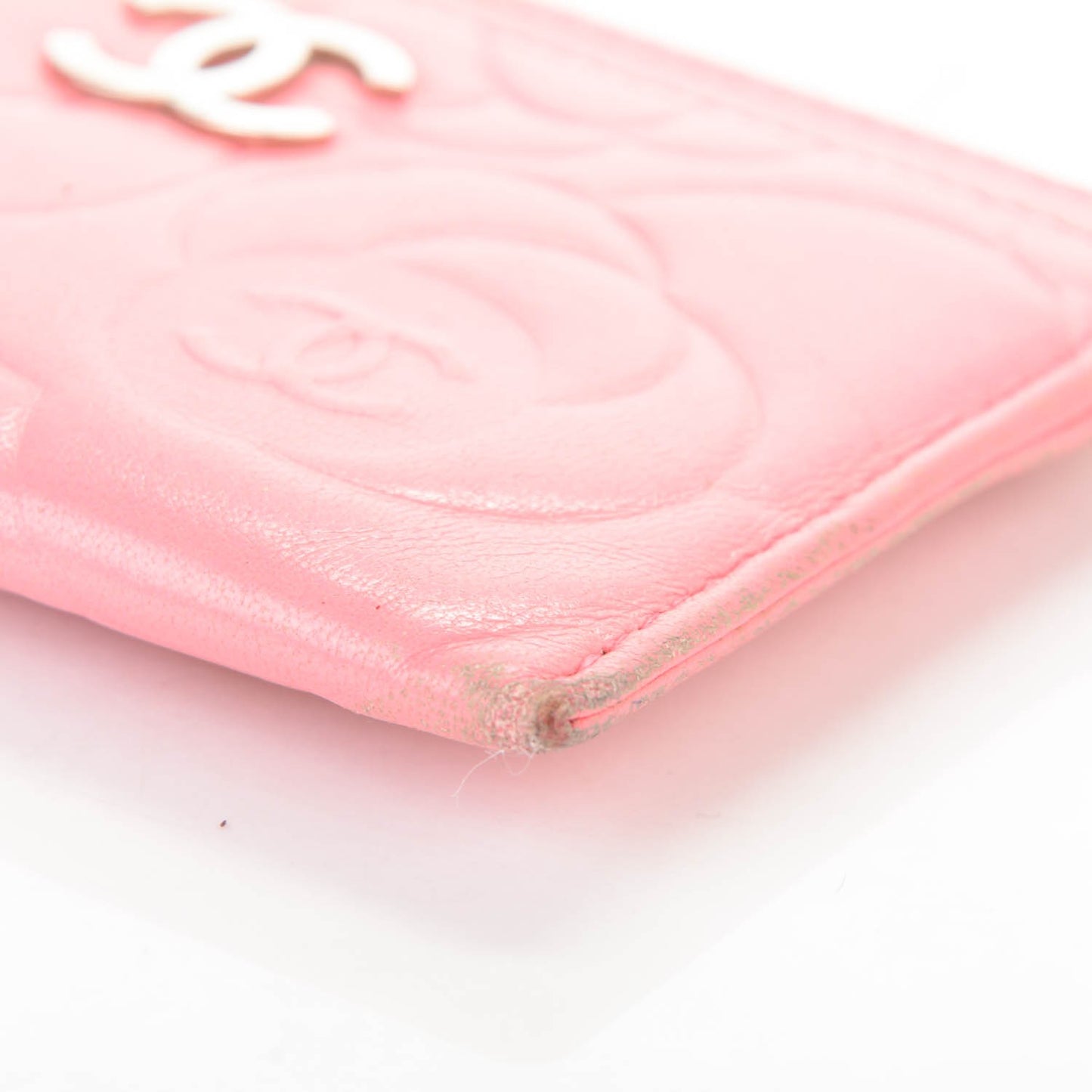 Lambskin Camellia Embossed Card Holder Pink