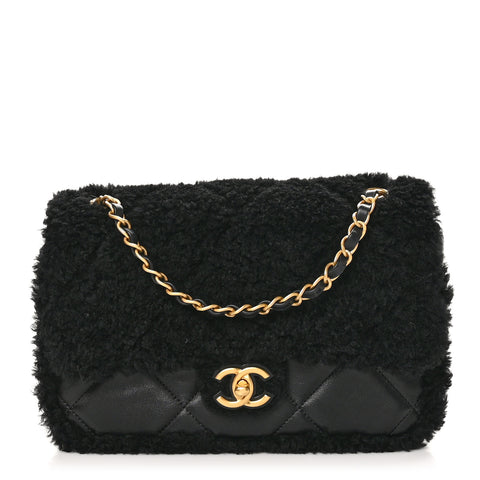Shearling Lambskin Quilted Furry Coco Flap Black