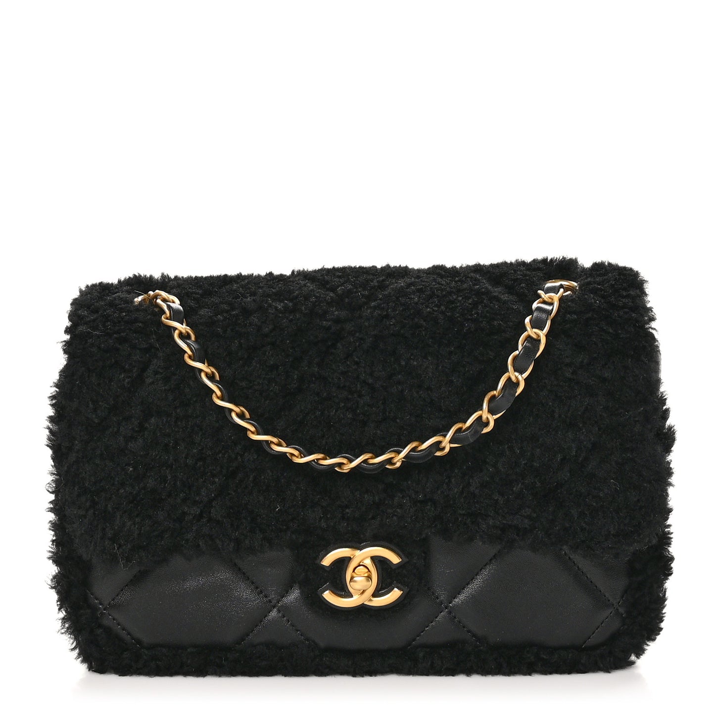 Shearling Lambskin Quilted Furry Coco Flap Black