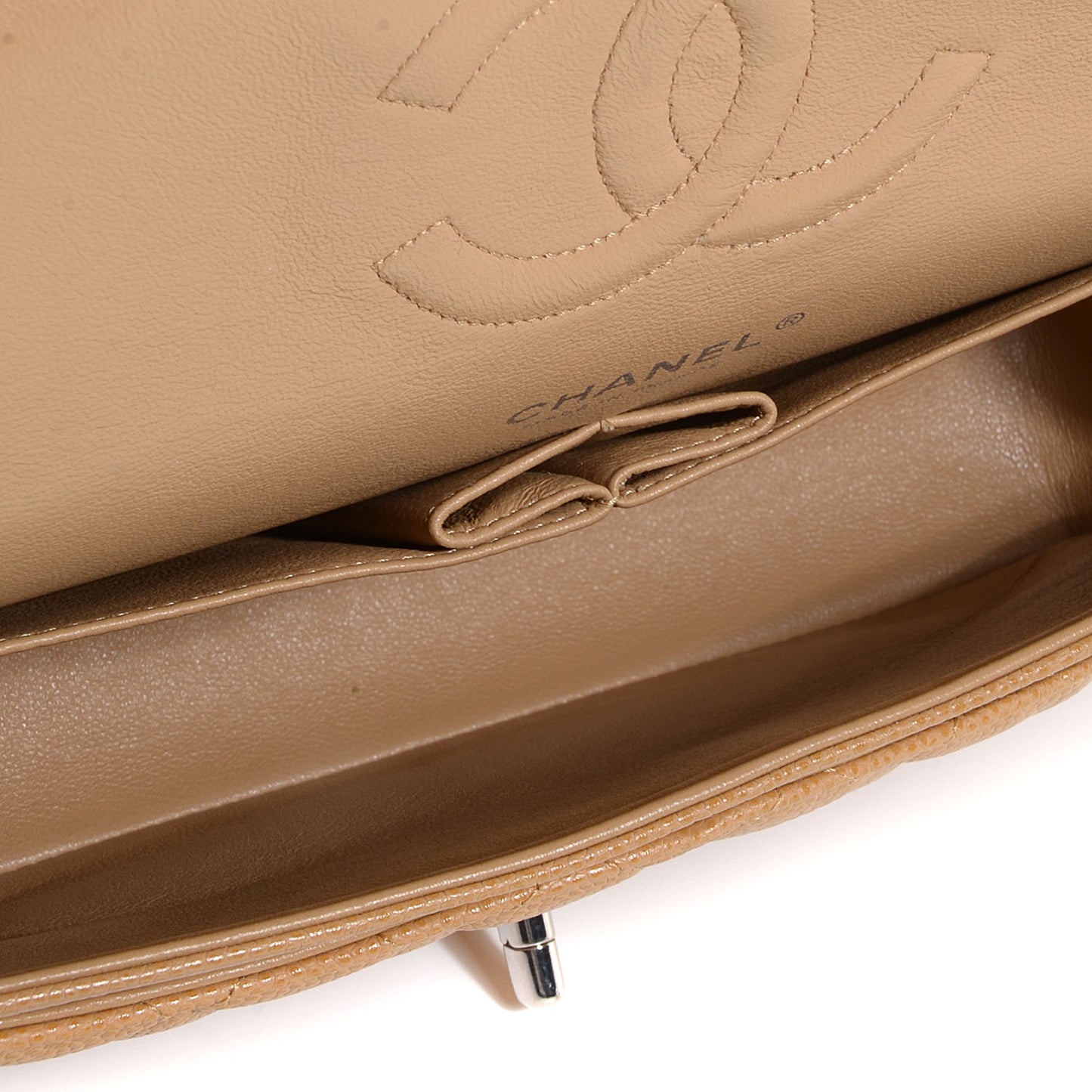 Caviar Quilted Medium Double Flap Beige
