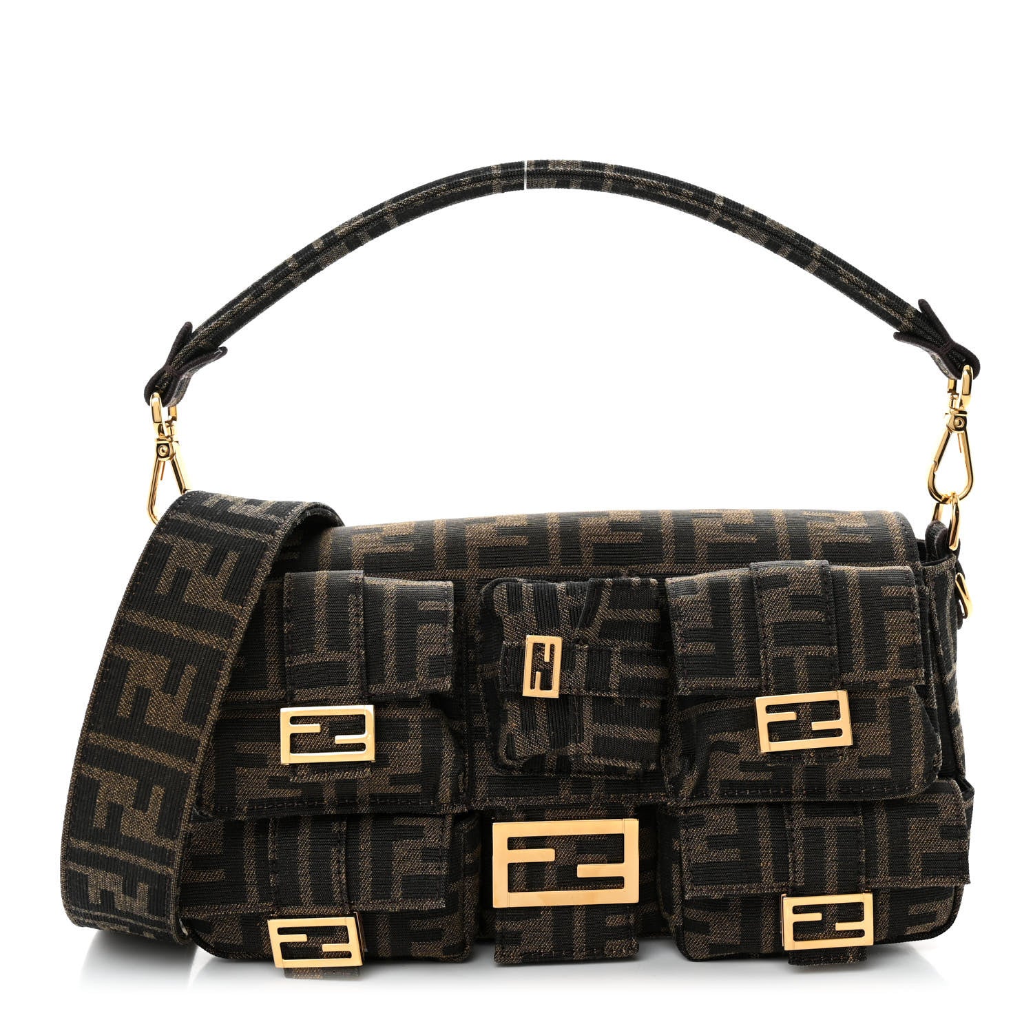 Fendi Fabric Jacquard FF 1974 Multipocket Baguette Tobacco Moro 1 of 9