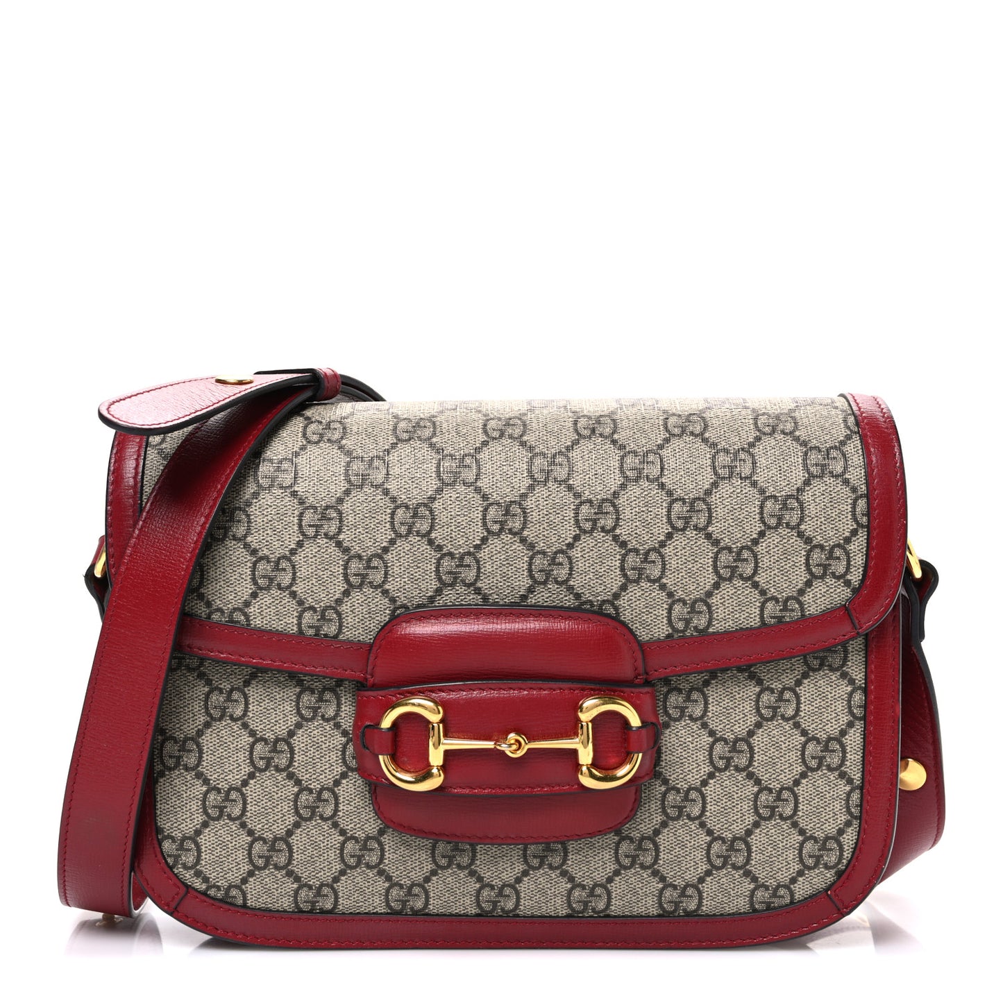 GG Supreme Monogram Azalea Calfskin Horsebit 1955 Shoulder Bag Beige Ebony New Cherry Red
