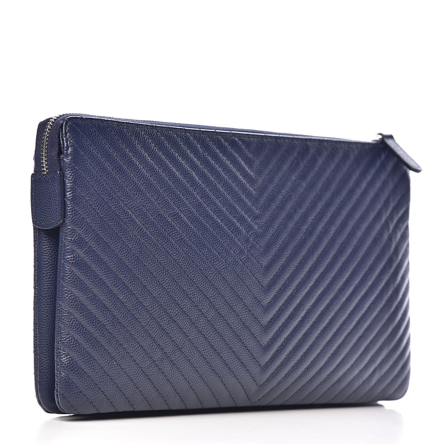 Caviar Chevron Quilted Large Zipped Clutch Navy