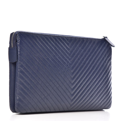Chanel Caviar Chevron Quilted Large Zipped Clutch Navy 3 of 9