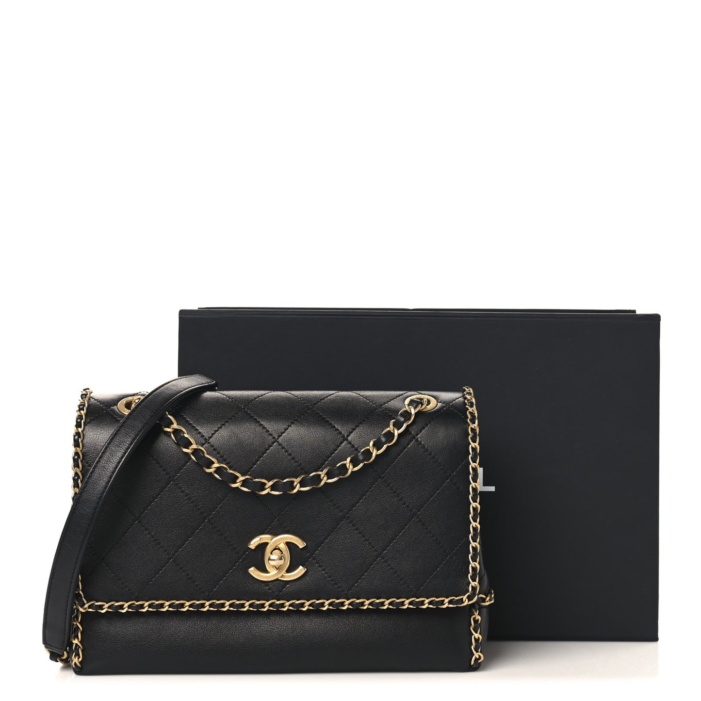 Calfskin Stitched Chain Flap Black