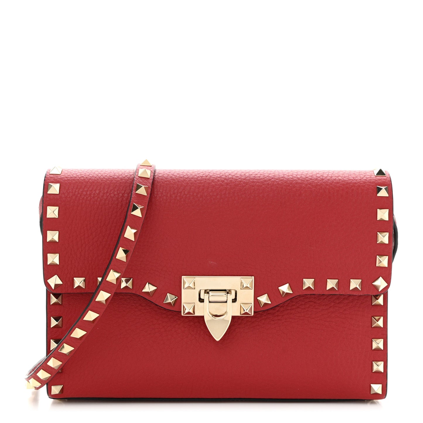 Pebbled Calfskin Medium Rockstud Flip Lock Crossbody Bag Red