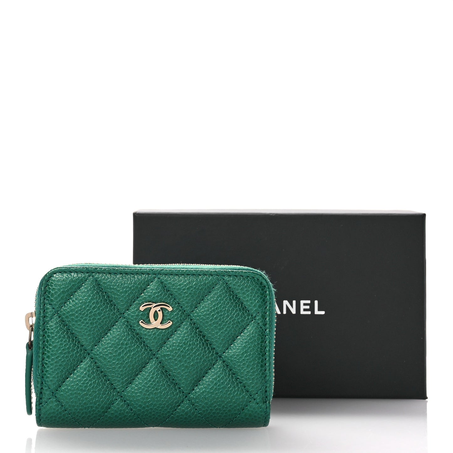 Metallic Caviar Quilted Zip Coin Purse Green