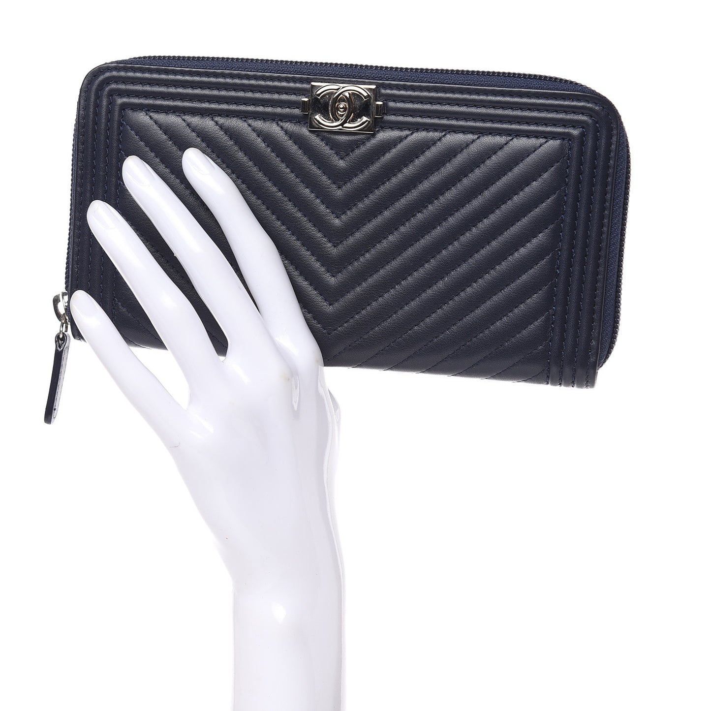 Lambskin Chevron Zip Around Boy Wallet Blue