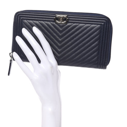 Chanel Lambskin Chevron Zip Around Boy Wallet Blue 2 of 9