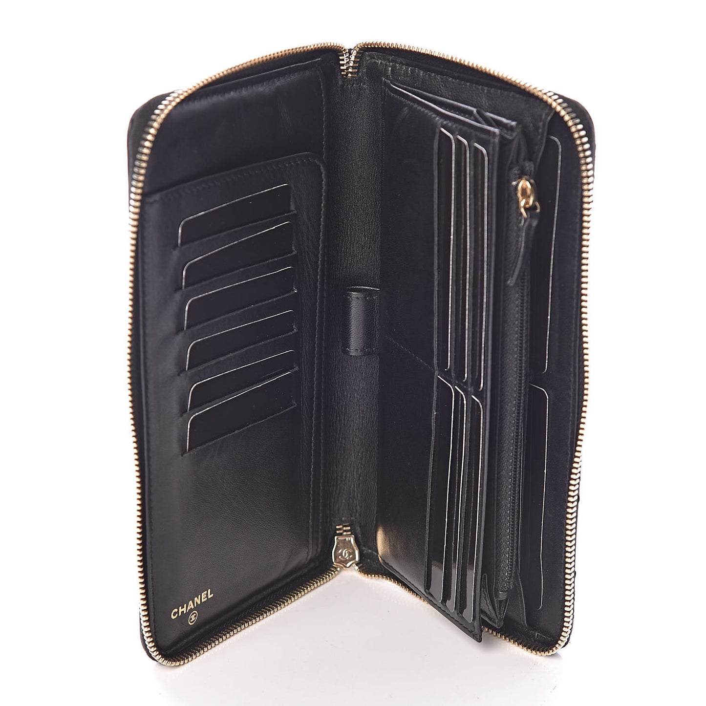 Lambskin Diamond Stitched Large Zip Around Organizer Wallet Black