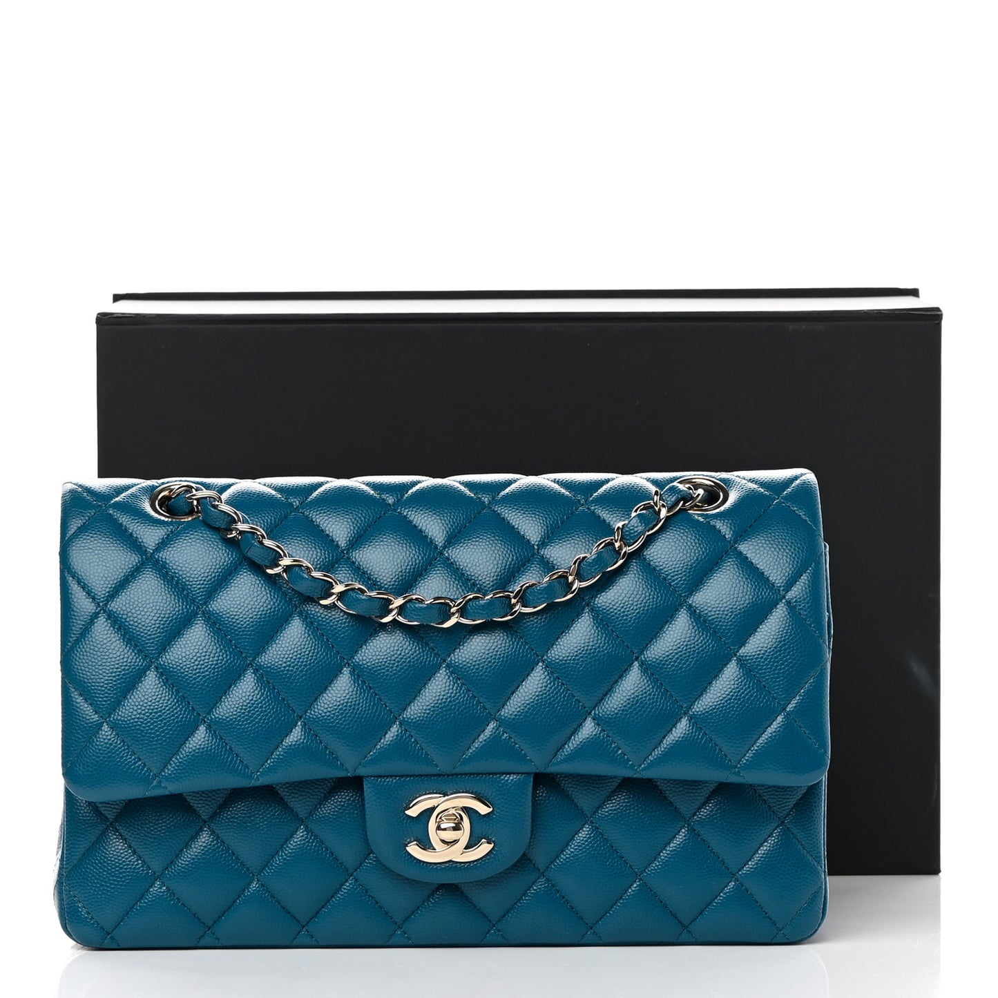 Caviar Quilted Medium Double Flap Dark Turquoise