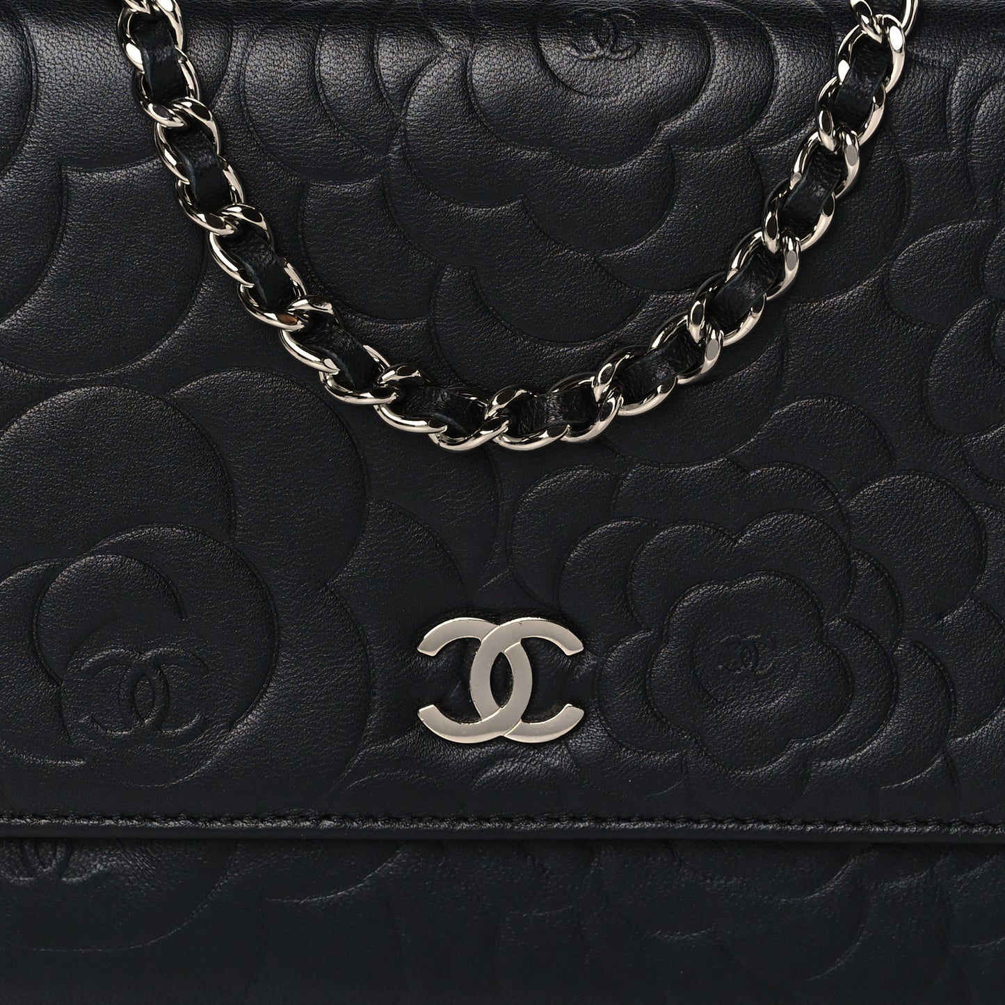 Lambskin Camellia Embossed Wallet on Chain WOC Black
