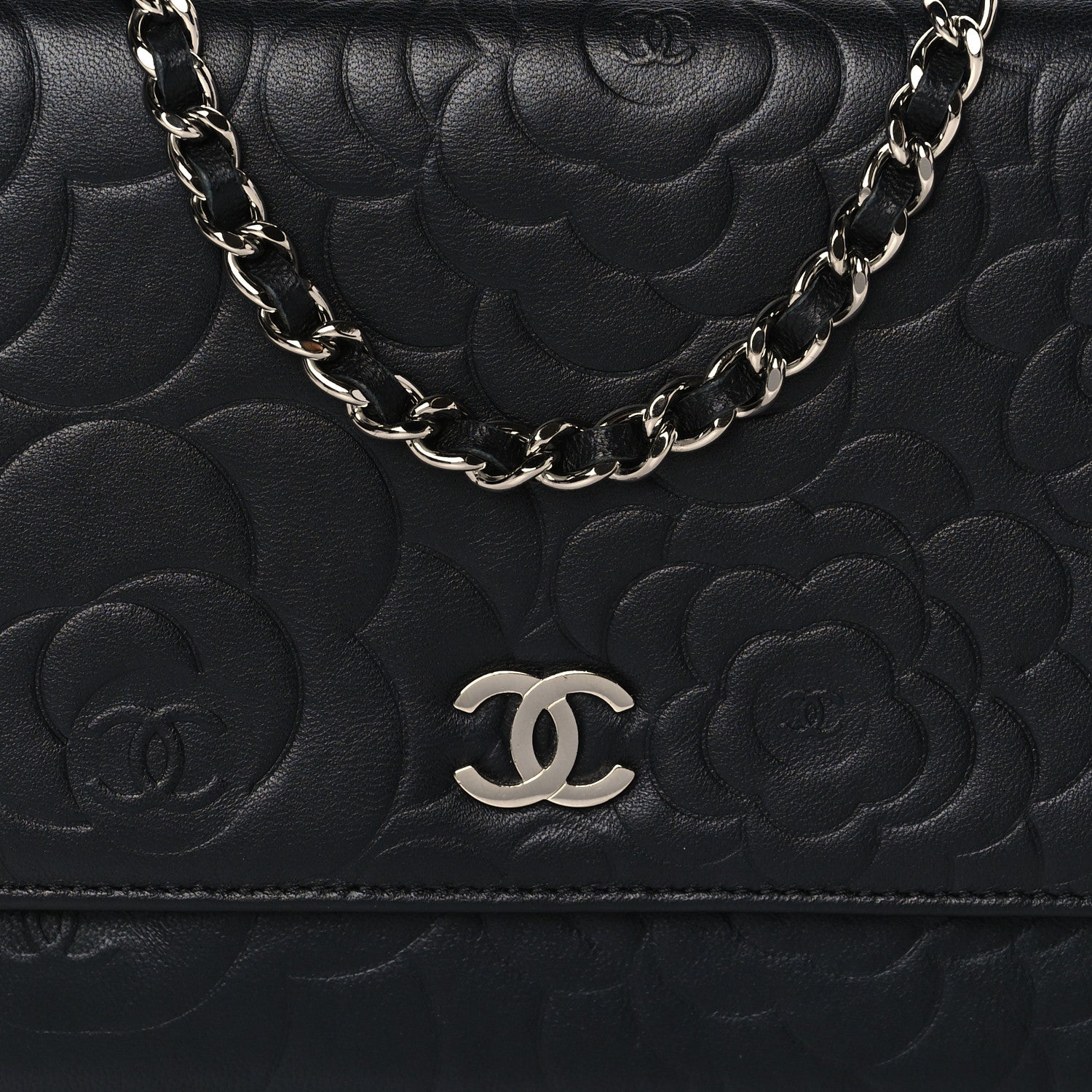 Chanel Lambskin Camellia Embossed Wallet on Chain WOC Black 8 of 11