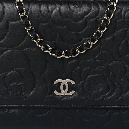 Chanel Lambskin Camellia Embossed Wallet on Chain WOC Black 8 of 11