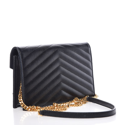 Saint Laurent Grain De Poudre Matelasse Chevron Monogram Envelope Chain Wallet Black 3 of 17