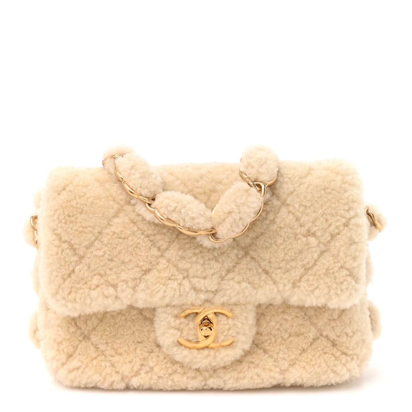 Shearling Lambskin Quilted Small CC Chain Flap Ecru