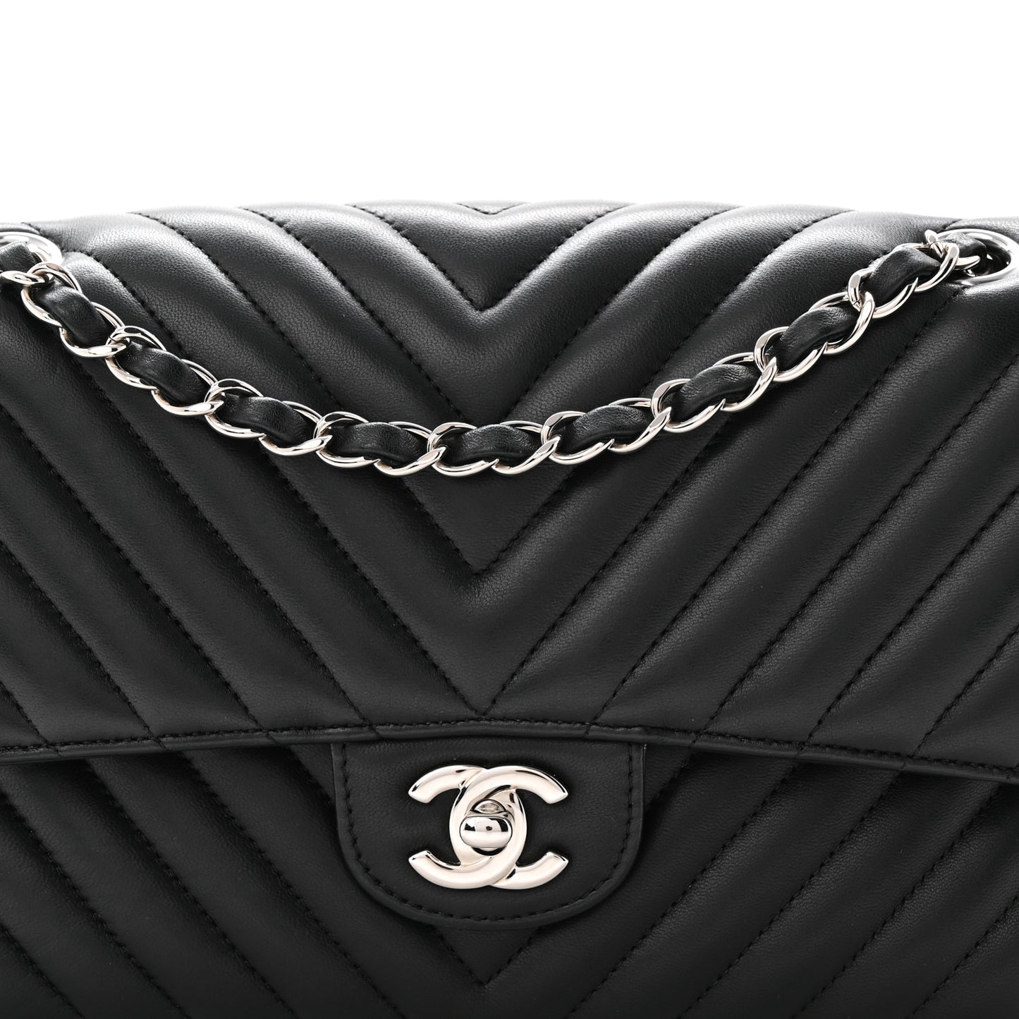 Lambskin Chevron Quilted Medium Double Flap Black