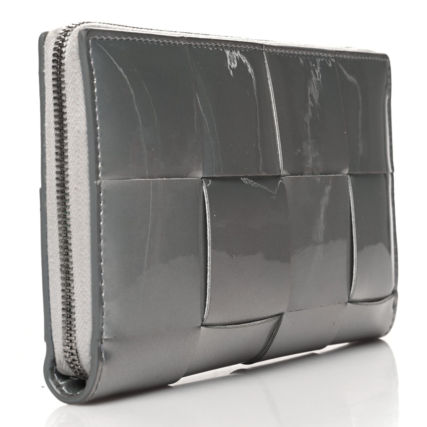 Metallic Patent Calfskin Maxi Intrecciato Zip Around Wallet Silver