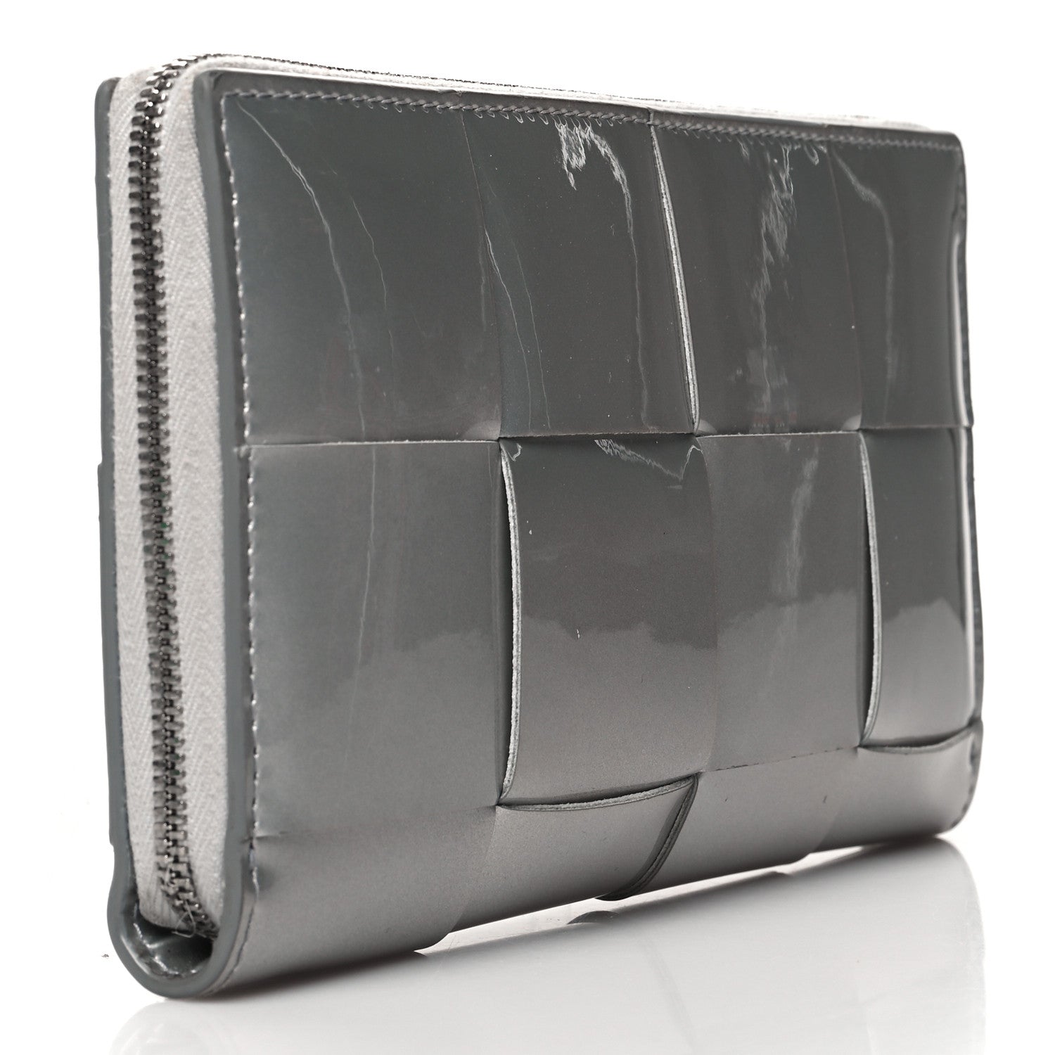 Bottega Veneta Metallic Patent Calfskin Maxi Intrecciato Zip Around Wallet Silver 3 of 12
