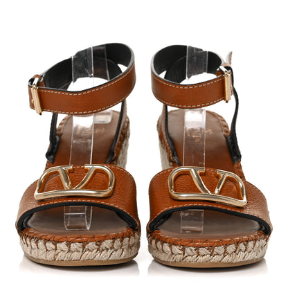 Valentino Garavani Grainy Cowhide VLogo Ankle Wrap Espadrille Wedge Sandals 40 Cuoio 2 of 7
