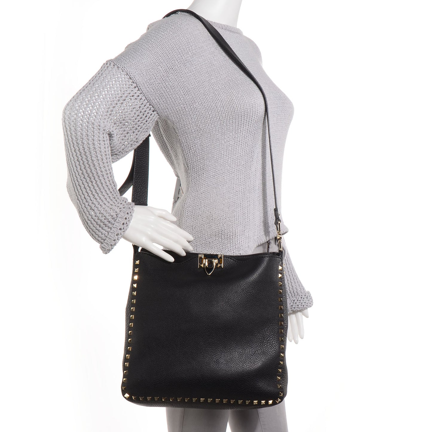 Pebbled Calfskin Large Rockstud Flip-Lock Messenger Bag Black