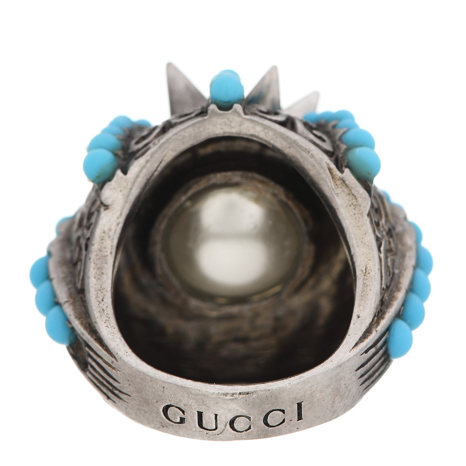 Gucci Pearl Beaded Spiked Ring 6.5 Silver Turquoise 4 of 8