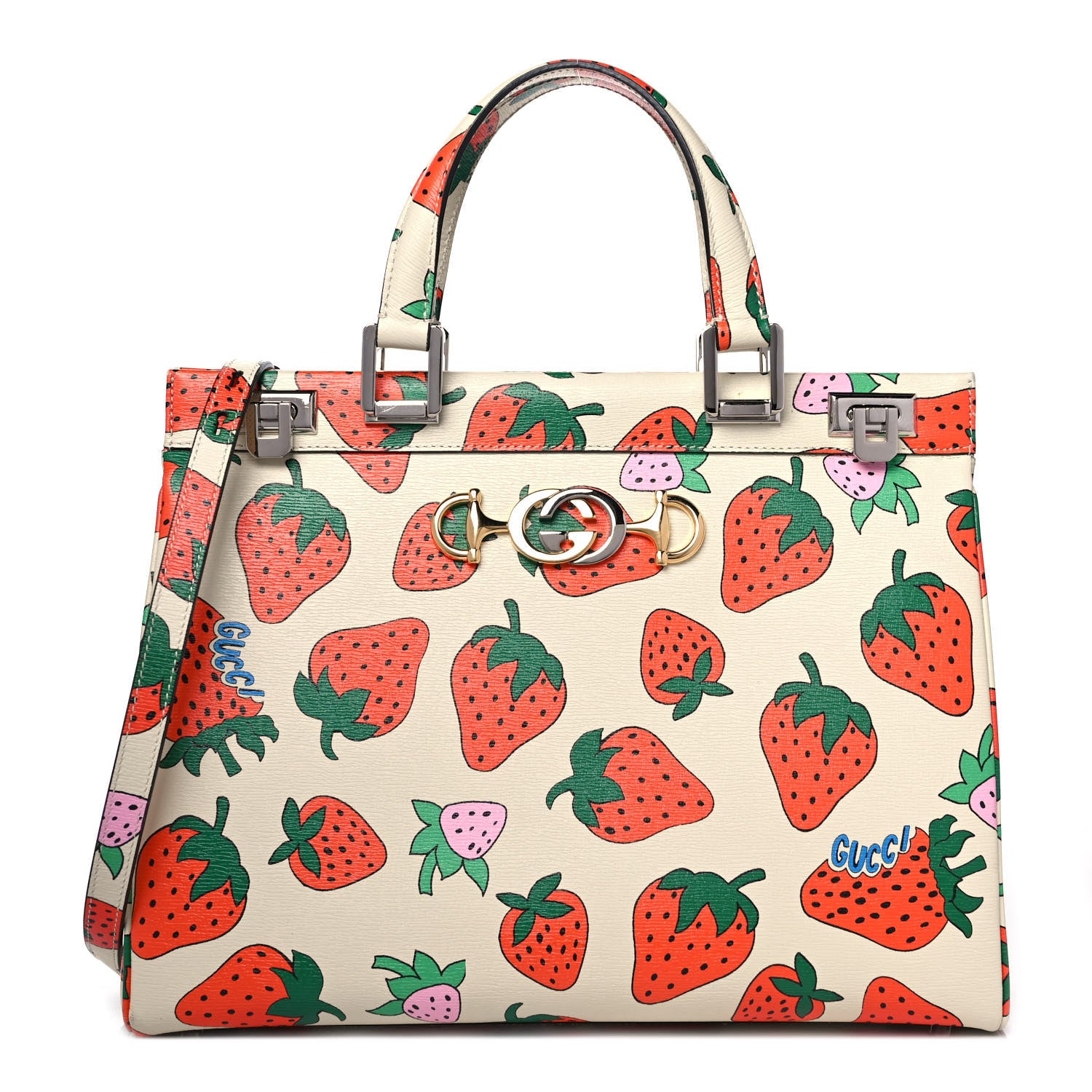 Gucci Calfskin Strawberry Print Medium Zumi Top Handle Bag Ivory Red 1 of 8