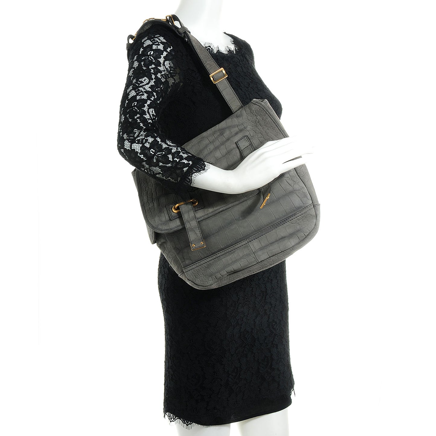 Crocodile Embossed Nubuck Besace Shoulder Bag Grey