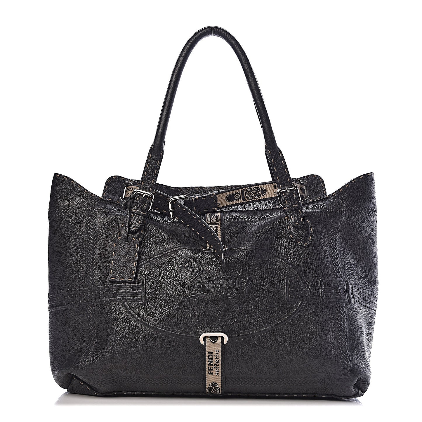 Calfskin Romano Selleria Large Villa Borghese Tote Black