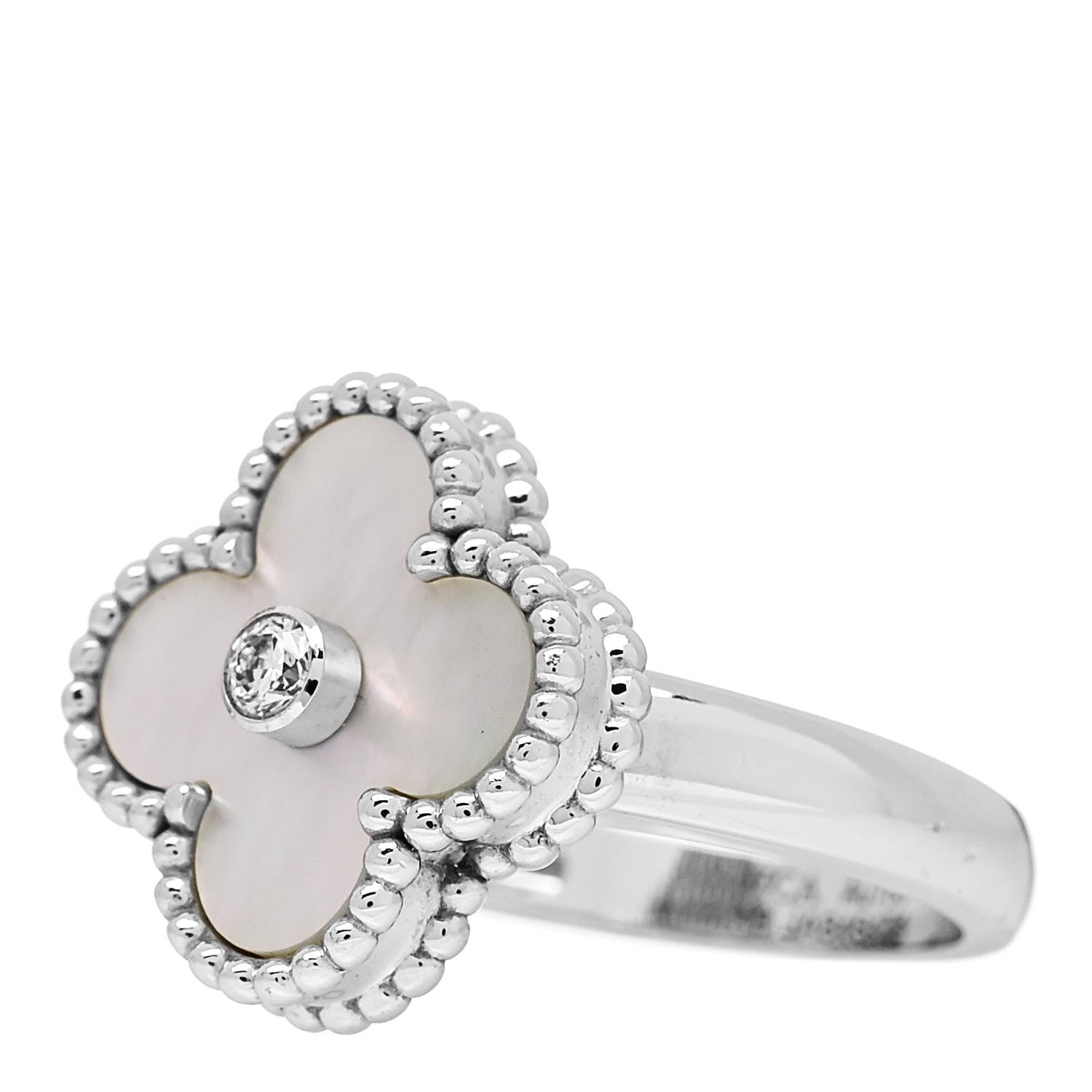 Van Cleef & Arpels 18K White Gold Diamond Mother of Pearl Vintage Alhambra Ring 49 4.75 3 of 6