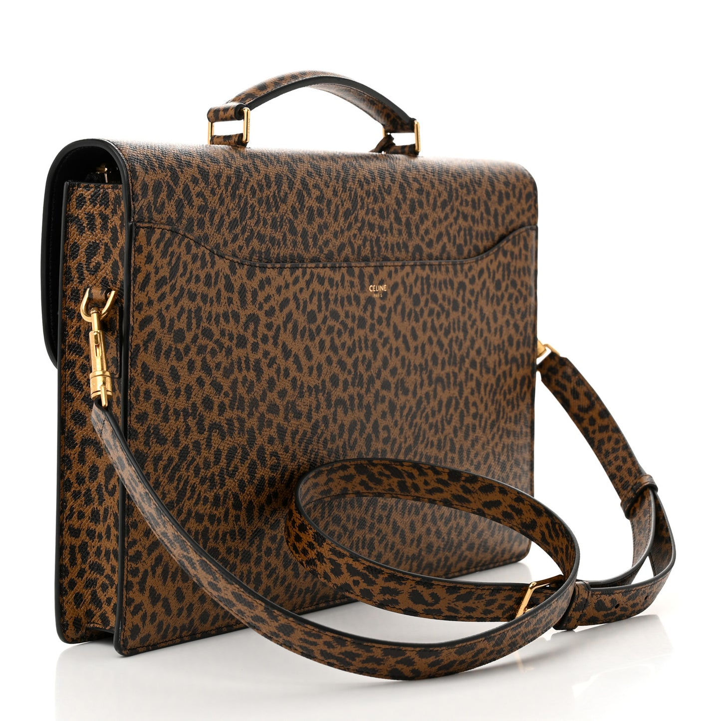 Grained Calfskin Leopard Print Cartable Small Briefcase Brown Black