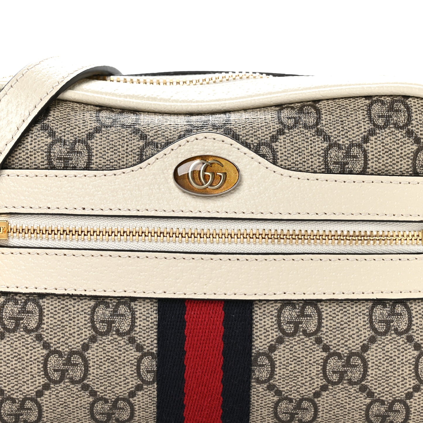 GG Supreme Monogram Textured Calfskin Web Mini Ophidia Shoulder Bag Beige Ebony Mystic White