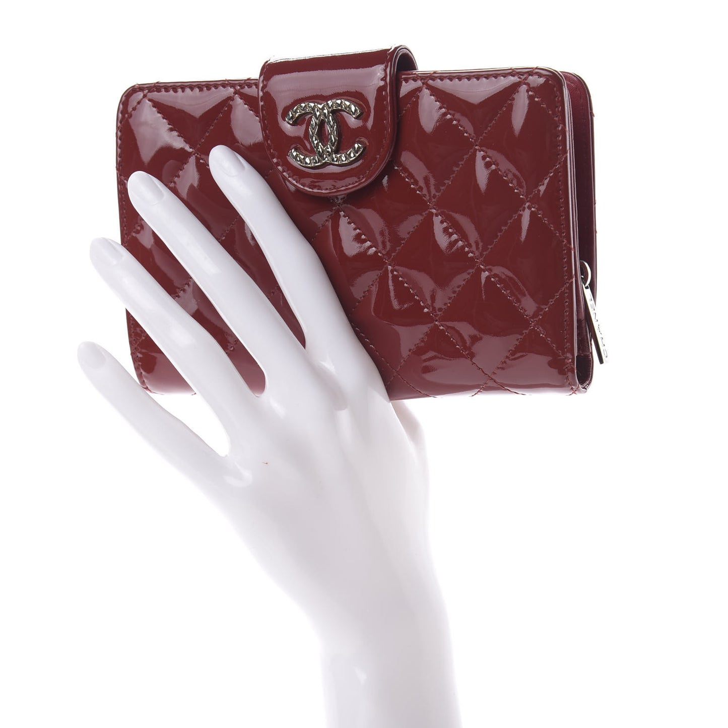 Patent Quilted Brilliant Zipped Pocket Wallet Dark Red