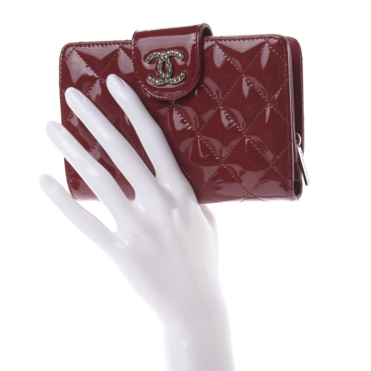 Chanel Patent Quilted Brilliant Zipped Pocket Wallet Dark Red 2 of 10