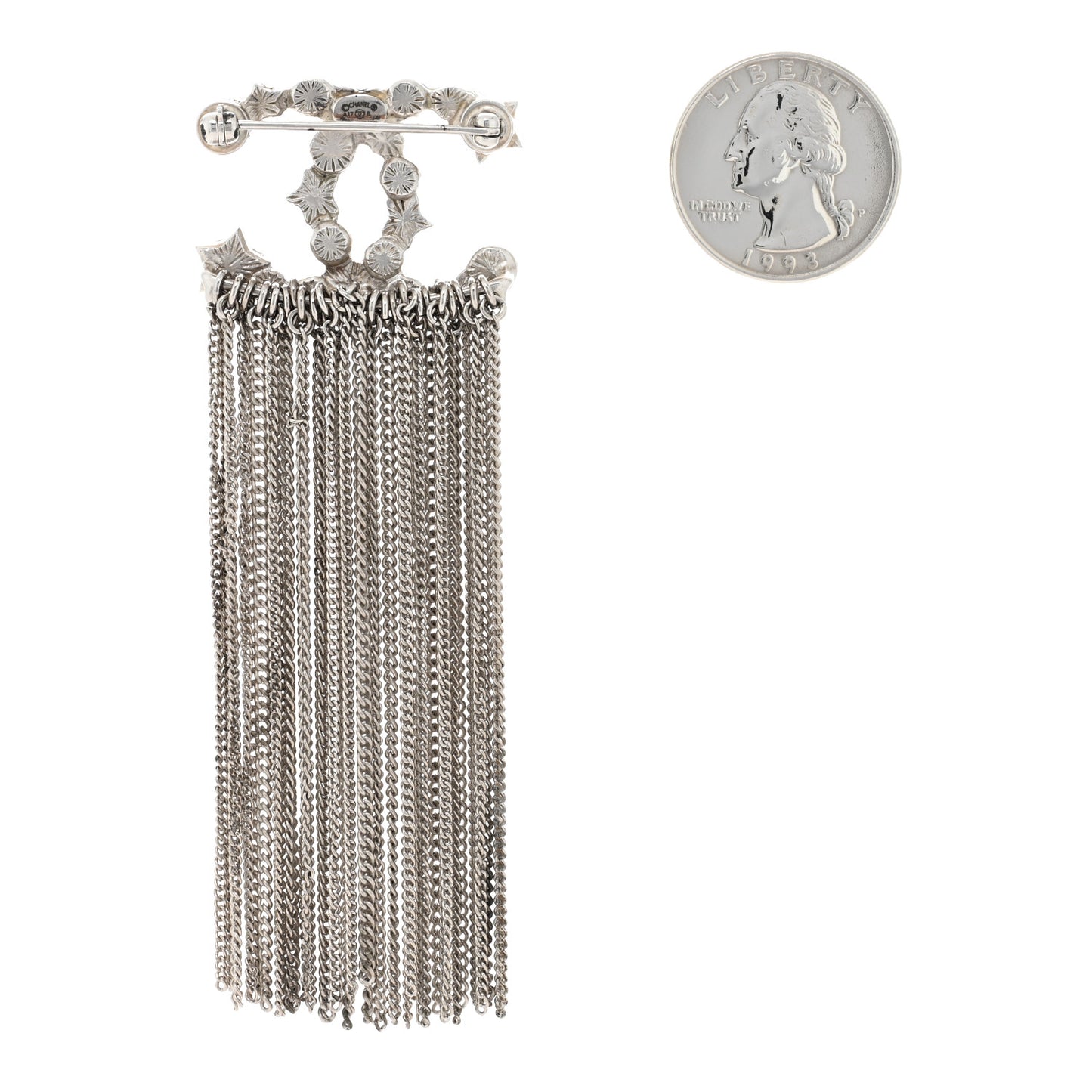Crystal Pearl Star CC Multi Strand Chain Logo Brooch Silver White Black