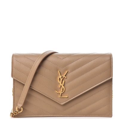 Saint Laurent Grain De Poudre Matelasse Chevron Monogram Envelope Chain Wallet Dark Latte 1 of 12