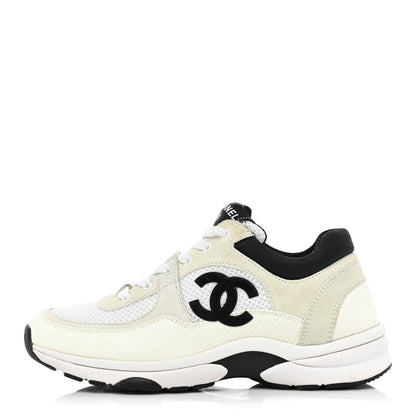 Chanel Mesh Suede Calfskin Grained Calfskin Womens CC Sneakers 36.5 White Black 1 of 9
