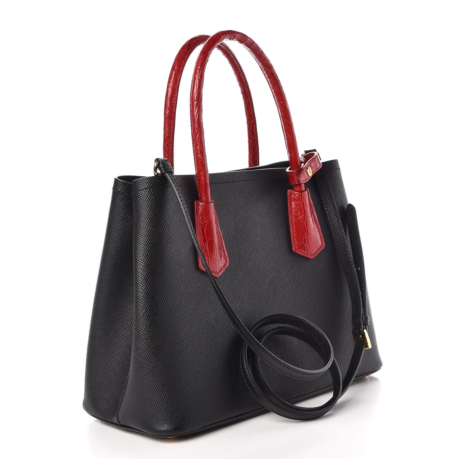 Prada Saffiano Cuir Crocodile Small Double Bag Black Rosso 3 of 7